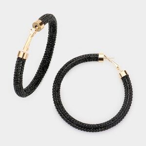 Elegant Black Rhinestone Pave and Gold Hoop Earrings